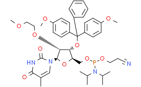 ((2R,3R,4R,5R)-3-(Bis(4-methoxyphenyl)(phenyl)methoxy)-4-(2-methoxyethoxy)-5-(5-methyl-2,4-dioxo-3,4-dihydropyrimidin-1(2H)-yl)tetrahydrofuran-2-yl)methyl (2-cyanoethyl) diisopropylphosphoramiditeCas:1345715-43-6