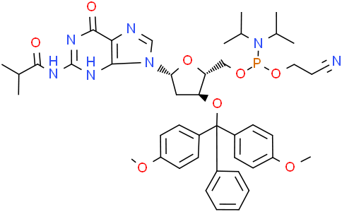 ((2R,3S,5R)-3-(Bis(4-methoxyphenyl)(phenyl)methoxy)-5-(2-isobutyramido-6-oxo-3,6-dihydro-9H-purin-9-yl)tetrahydrofuran-2-yl)methyl (2-cyanoethyl) diisopropylphosphoramiditeCas:140839-24-3