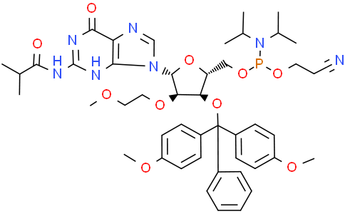 ((2R,3R,4R,5R)-3-(Bis(4-methoxyphenyl)(phenyl)methoxy)-5-(2-isobutyramido-6-oxo-3,6-dihydro-9H-purin-9-yl)-4-(2-methoxyethoxy)tetrahydrofuran-2-yl)methyl (2-cyanoethyl) diisopropylphosphoramiditeCas:725223-44-9